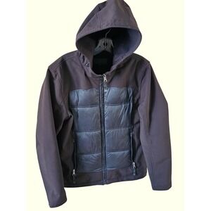 GUESS Mens Puffer Softshell Hooded Jacket Dark Brown Full Zip Size Medium